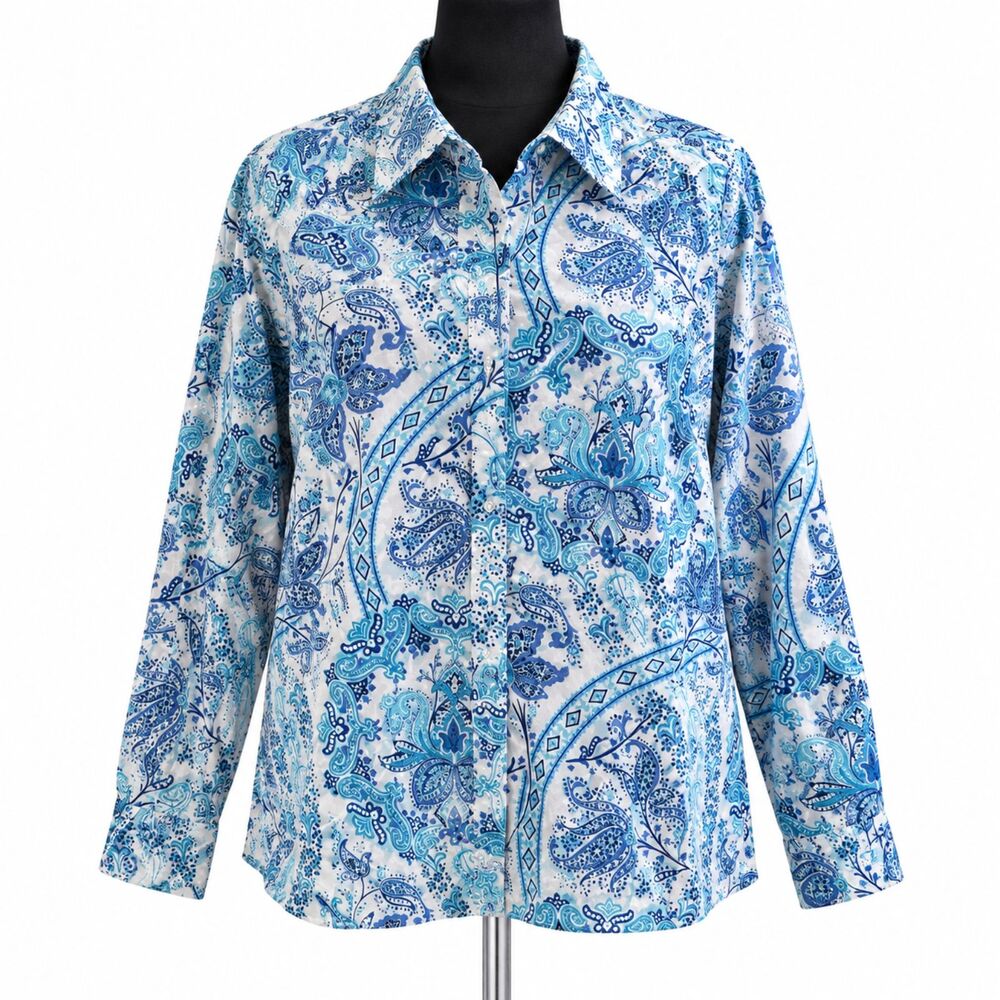 Lauren Ralph Lauren Shirt Womens 1X Blue White Paisley Button Down Plus Size